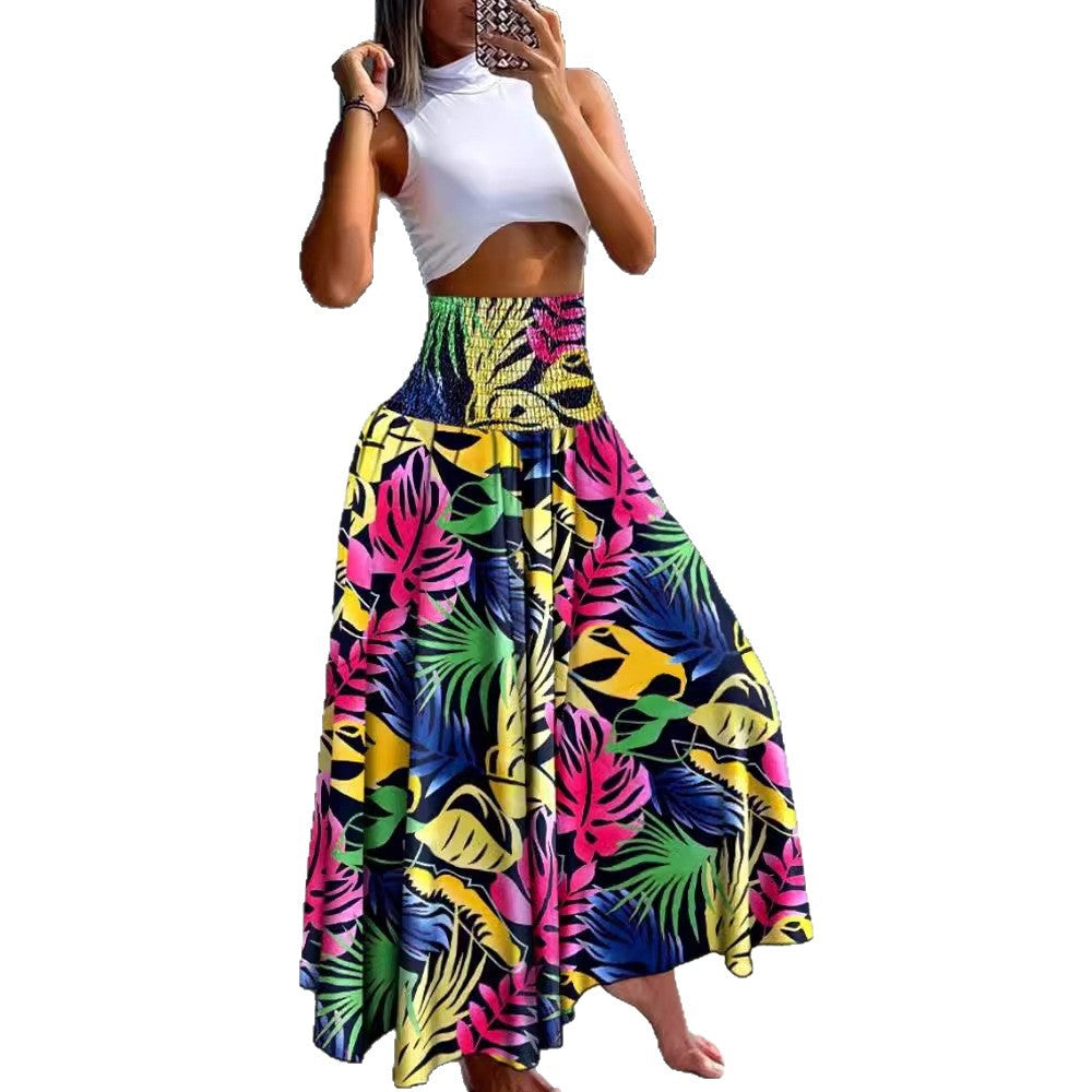 High-Waist Shirred Maxi Skirt with Print