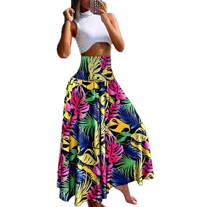 High-Waist Shirred Maxi Skirt with Print
