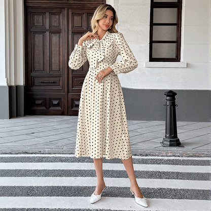 Polka Dot Midi Dress with Bow Tie Collar