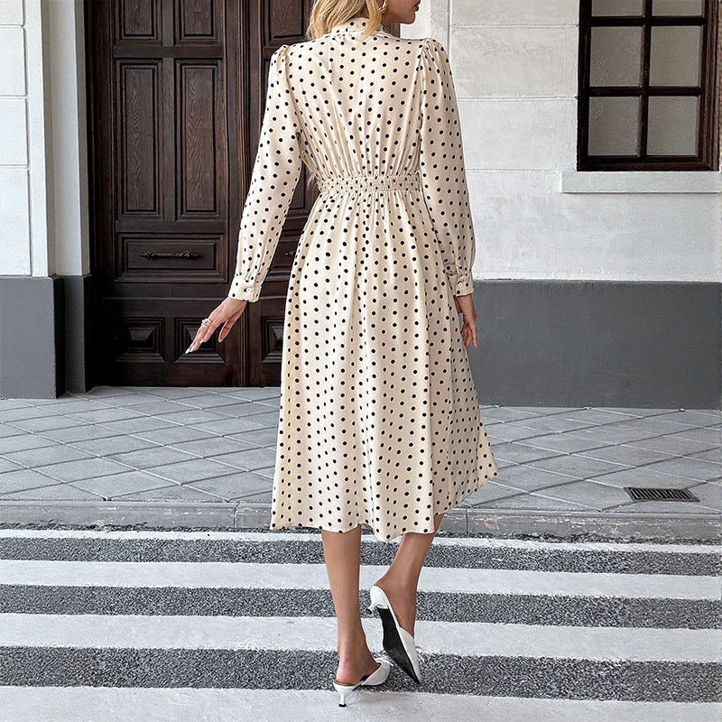 Polka Dot Midi Dress with Bow Tie Collar