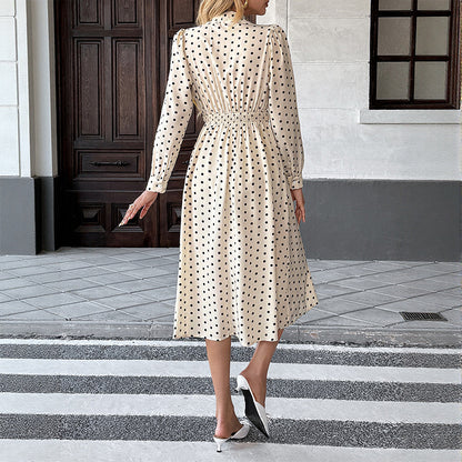 Polka Dot Midi Dress with Bow Tie Collar