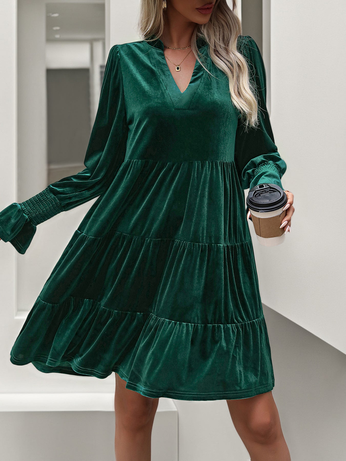 Velvet Tiered Dress with V-Neck and Long Sleeves