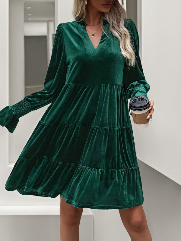 Velvet Tiered Dress with V-Neck and Long Sleeves