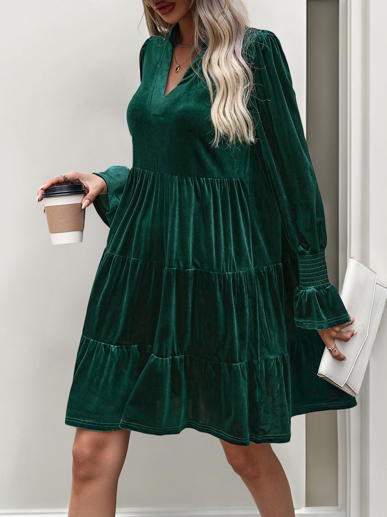Velvet Tiered Dress with V-Neck and Long Sleeves