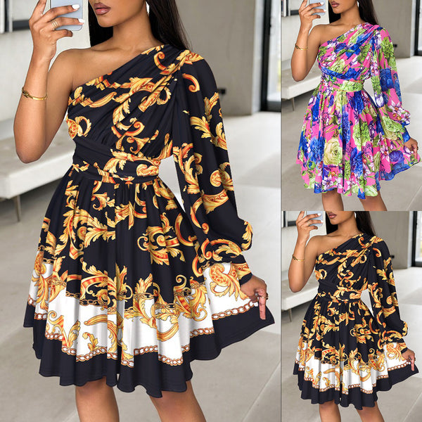 A-Line Dress with One-Shoulder and Baroque Print