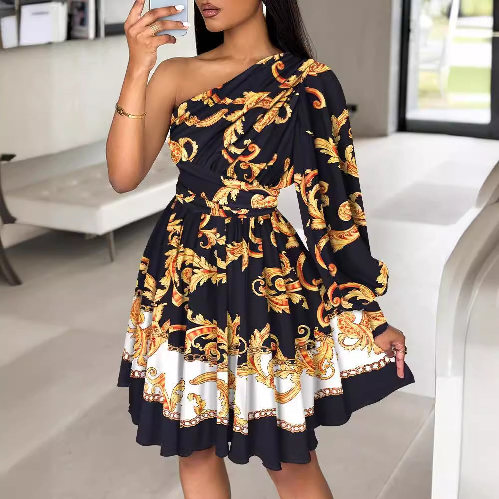 A-Line Dress with One-Shoulder and Baroque Print