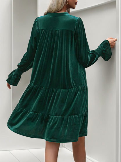 Velvet Tiered Dress with V-Neck and Long Sleeves