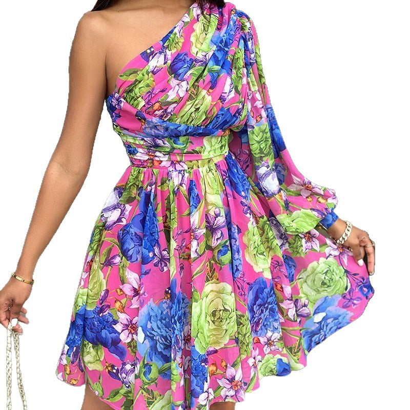 A-Line Dress with One-Shoulder and Baroque Print
