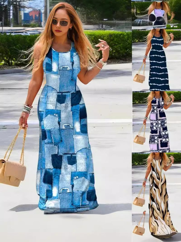 Patchwork Denim Print Sleeveless Maxi Dress with Crewneck
