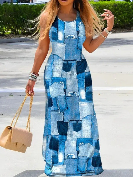 Patchwork Denim Print Sleeveless Maxi Dress with Crewneck