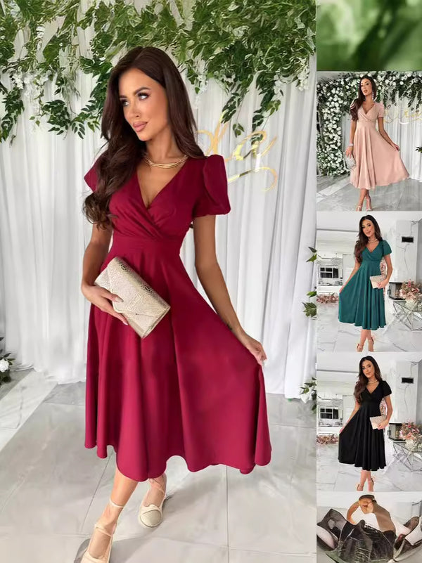A-Line Midi Dress with Wrap V-Neck and Puff Sleeves
