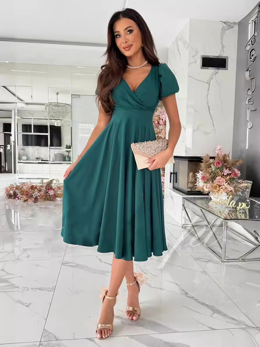 A-Line Midi Dress with Wrap V-Neck and Puff Sleeves