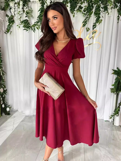 A-Line Midi Dress with Wrap V-Neck and Puff Sleeves