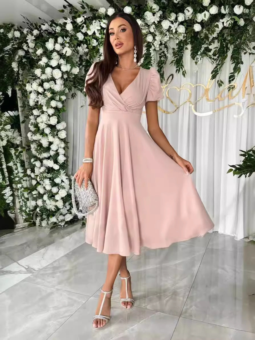 A-Line Midi Dress with Wrap V-Neck and Puff Sleeves