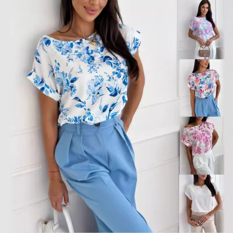 Loose Floral Print Blouse with Round Neck and Short Sleeves
