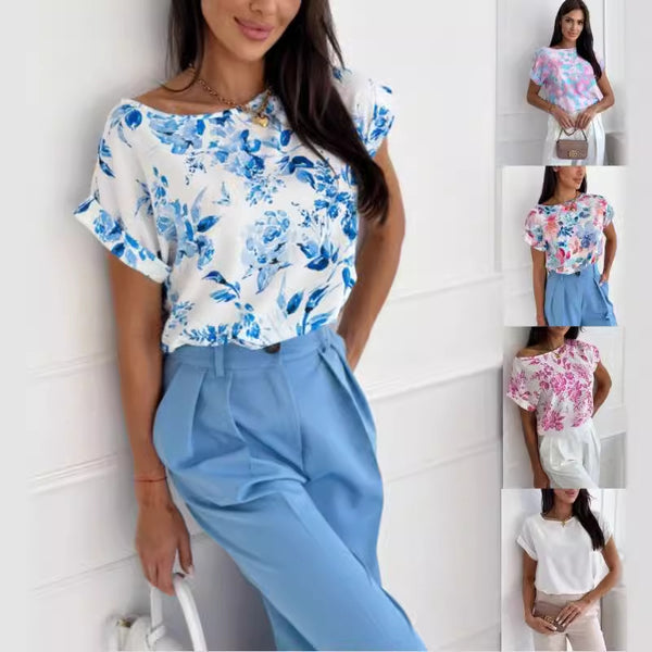 Loose Floral Print Blouse with Round Neck and Short Sleeves