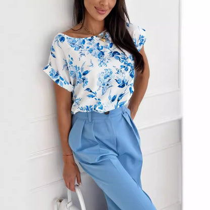 Loose Floral Print Blouse with Round Neck and Short Sleeves