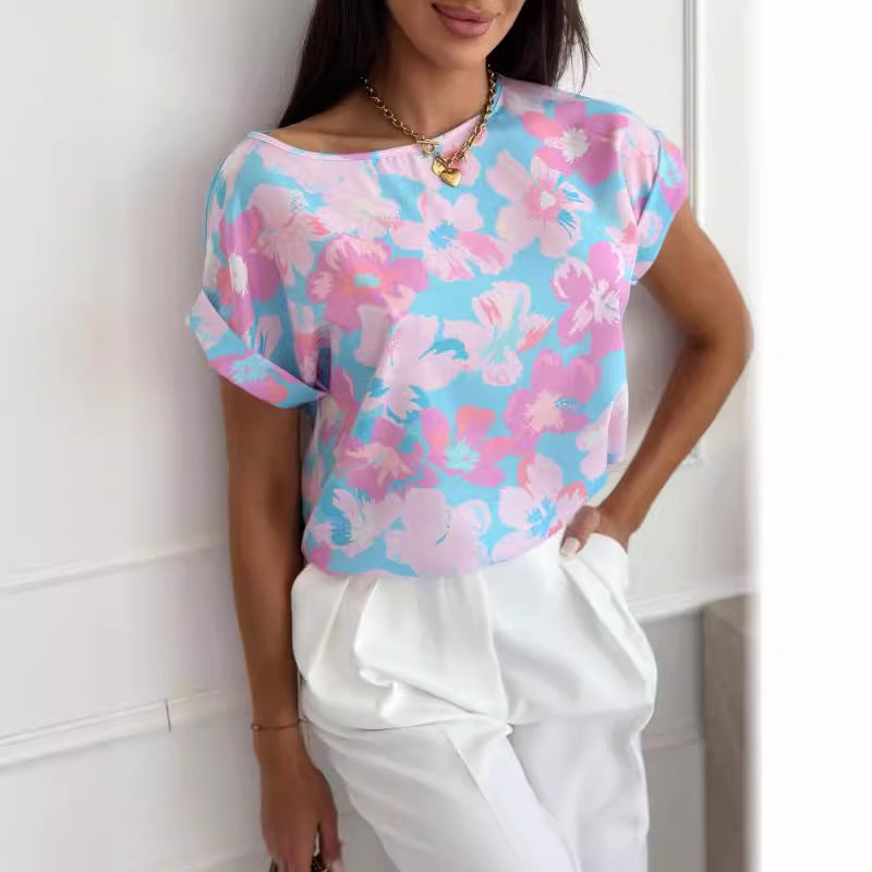 Loose Floral Print Blouse with Round Neck and Short Sleeves