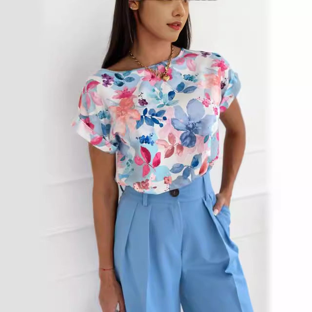 Loose Floral Print Blouse with Round Neck and Short Sleeves