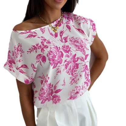 Loose Floral Print Blouse with Round Neck and Short Sleeves