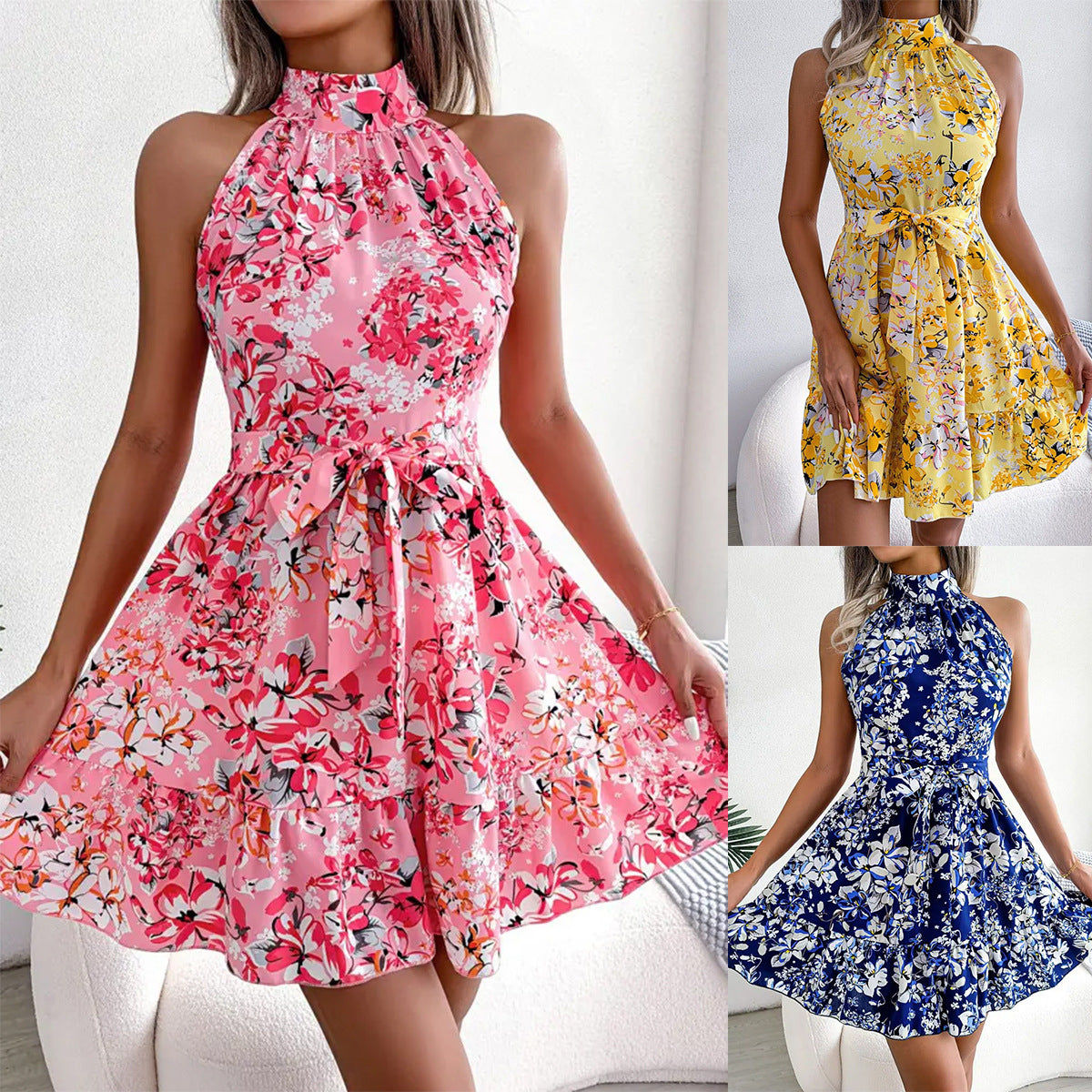 Floral Print Halter Neck Mini Dress with Tie-Waist