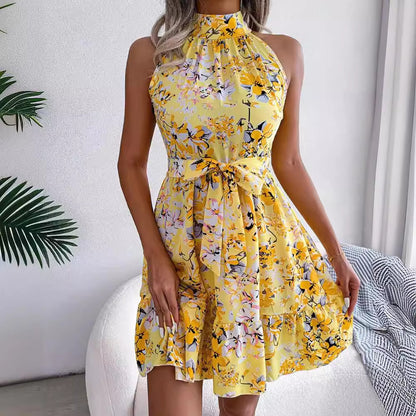 Floral Print Halter Neck Mini Dress with Tie-Waist