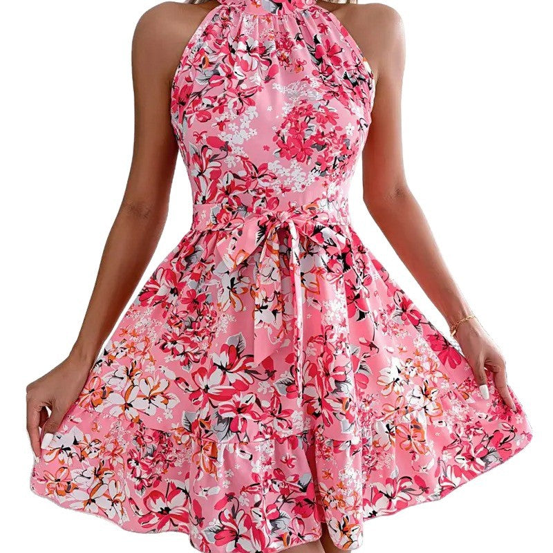 Floral Print Halter Neck Mini Dress with Tie-Waist
