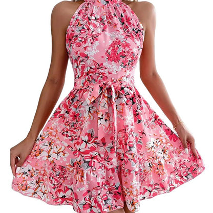 Floral Print Halter Neck Mini Dress with Tie-Waist