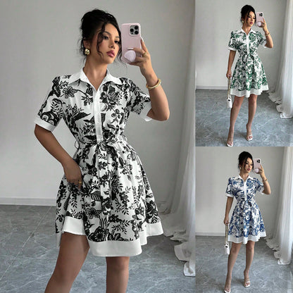 A-Line Floral Print Dress with Shirt Collar and Tie Waist