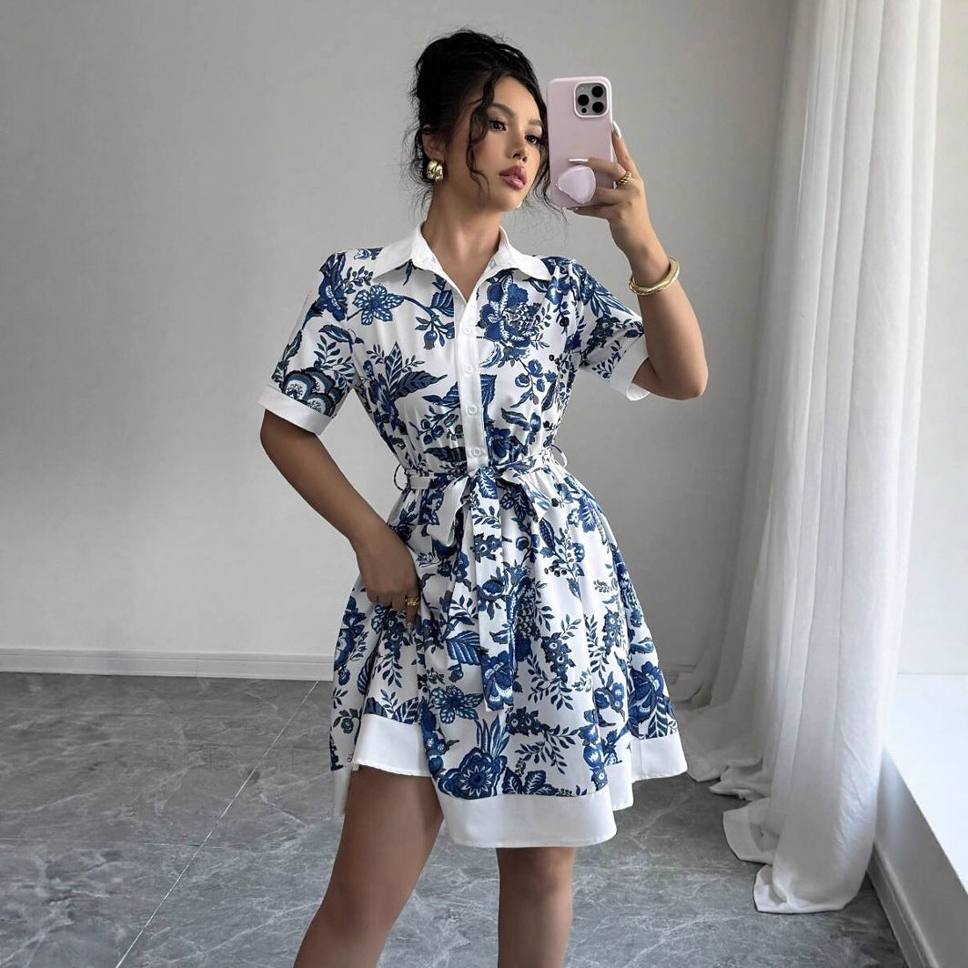 A-Line Floral Print Dress with Shirt Collar and Tie Waist