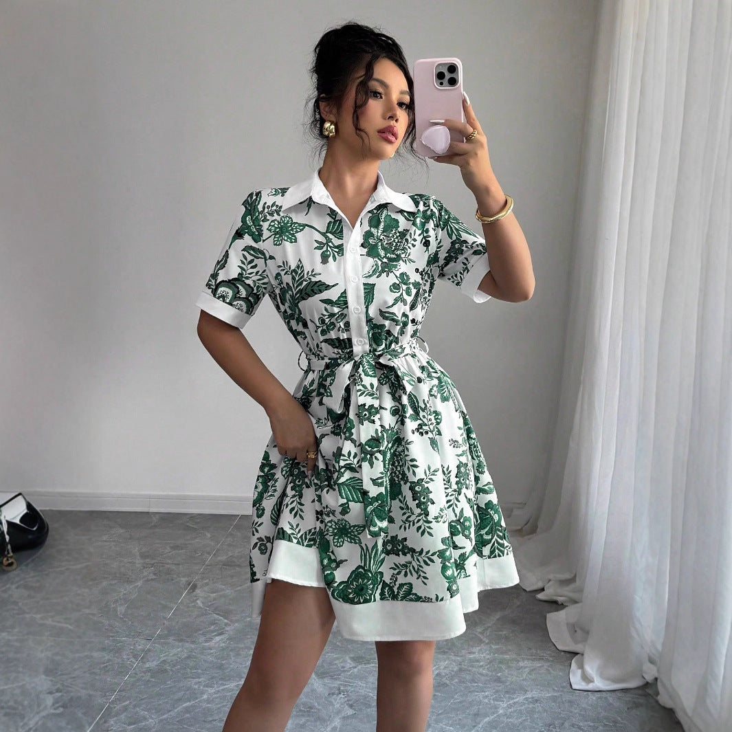A-Line Floral Print Dress with Shirt Collar and Tie Waist