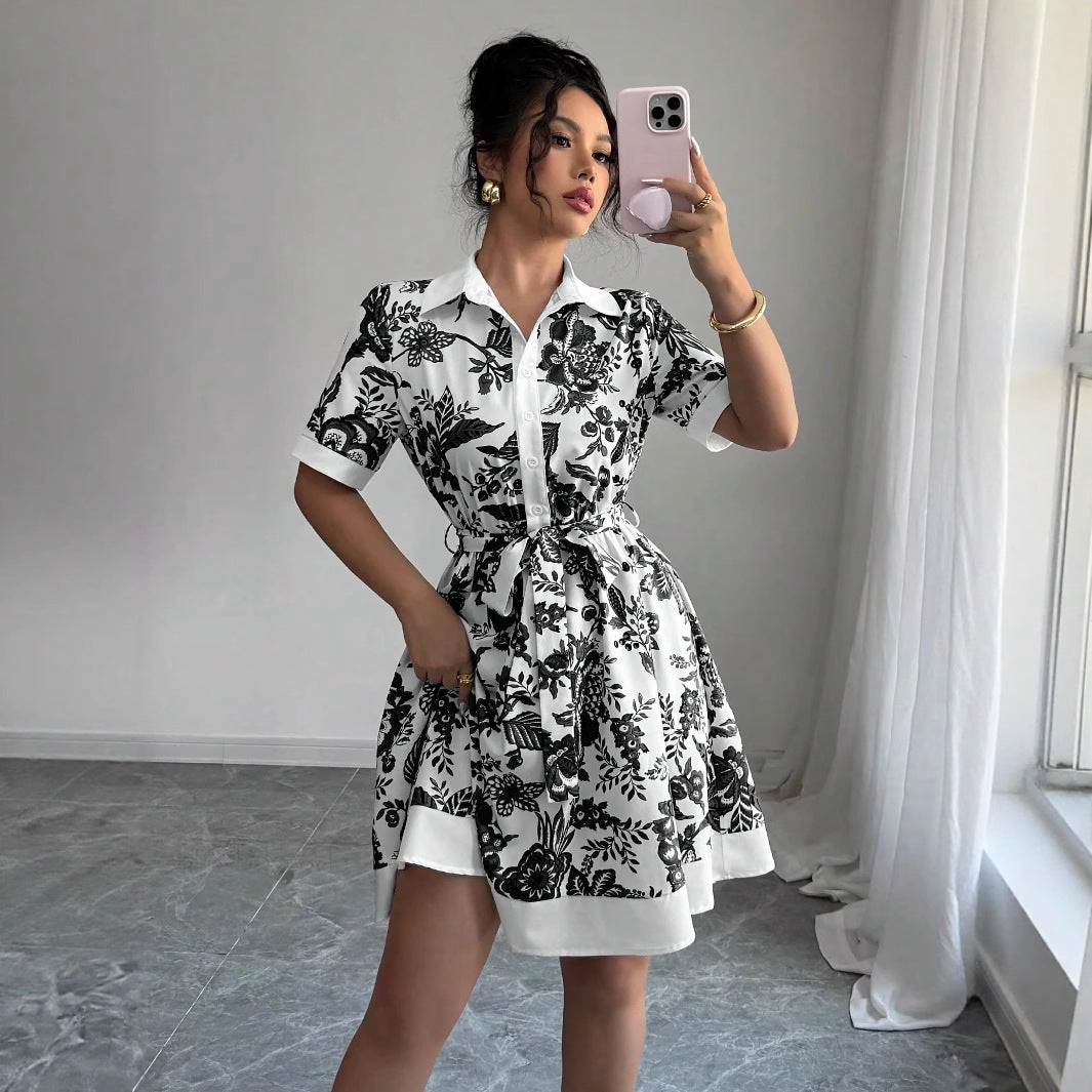 A-Line Floral Print Dress with Shirt Collar and Tie Waist