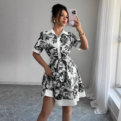 A-Line Floral Print Dress with Shirt Collar and Tie Waist