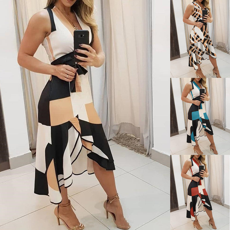 Contrast Geometric Print Midi Dress with Asymmetrical Hem