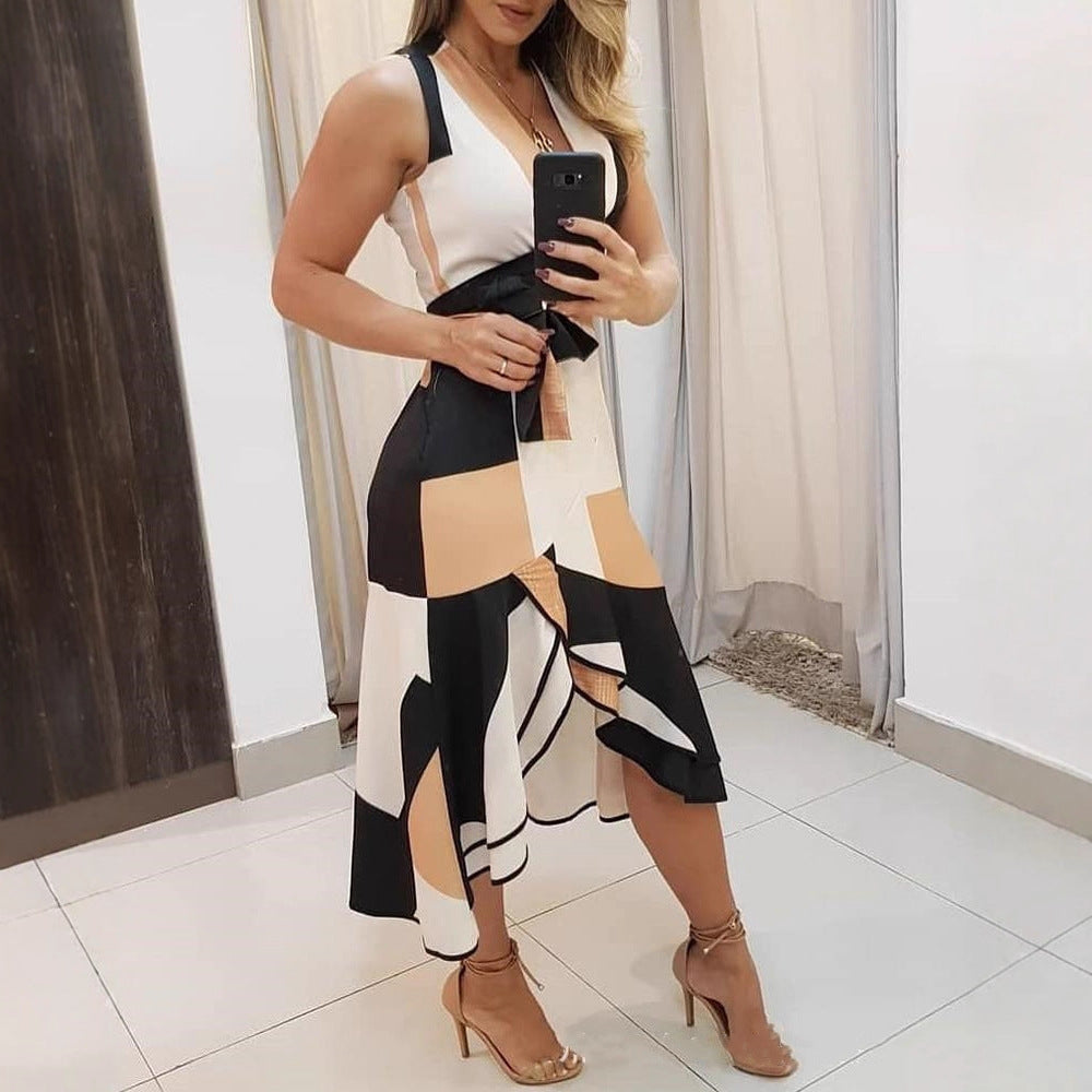 Contrast Geometric Print Midi Dress with Asymmetrical Hem