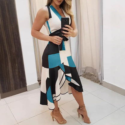 Contrast Geometric Print Midi Dress with Asymmetrical Hem