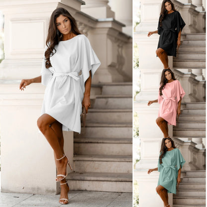 Solid Relaxed Fit Dress with Bell Sleeves and Waist Tie