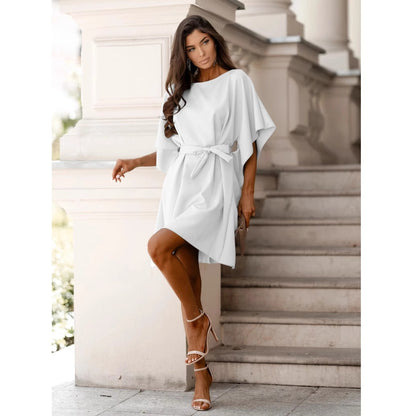 Solid Relaxed Fit Dress with Bell Sleeves and Waist Tie