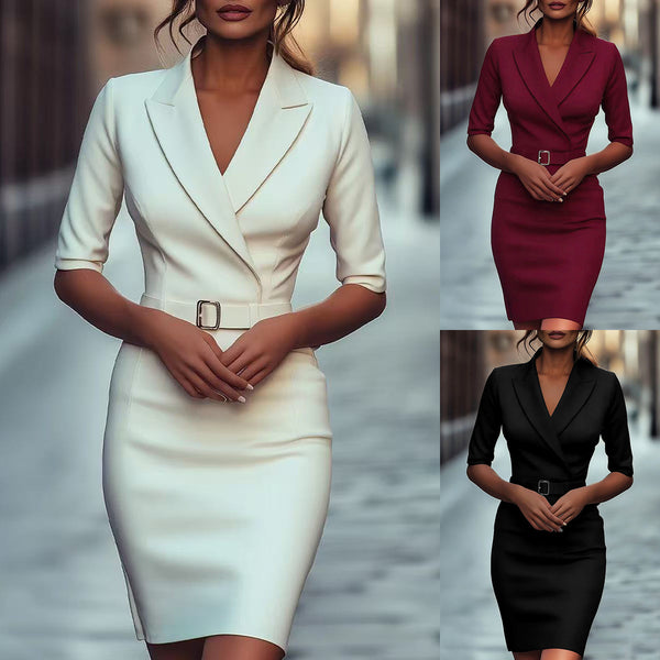Blazer Sheath Dress with Three-Quarter Sleeves and Belt
