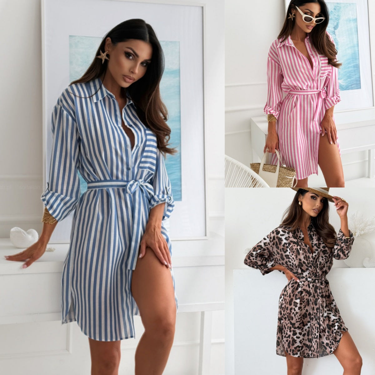Printed Lapel Shirt Dress with Belted Waist