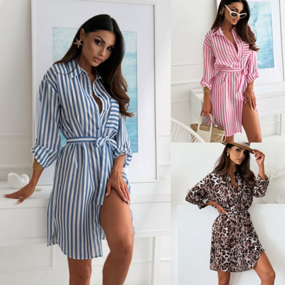 Printed Lapel Shirt Dress with Belted Waist