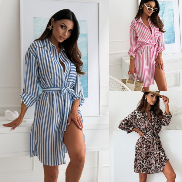 Printed Lapel Shirt Dress with Belted Waist