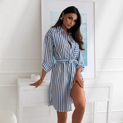 Printed Lapel Shirt Dress with Belted Waist