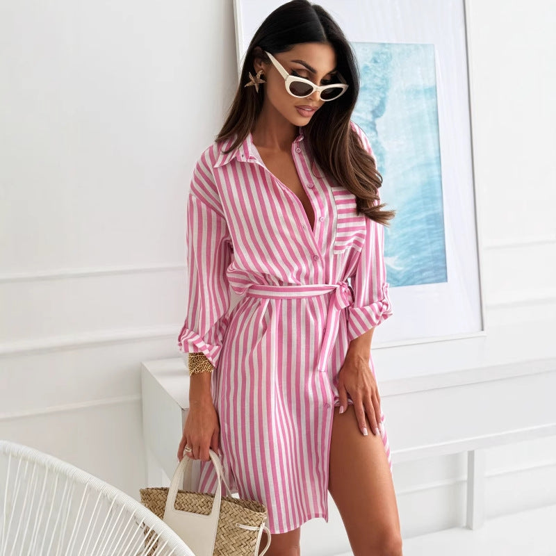 Printed Lapel Shirt Dress with Belted Waist