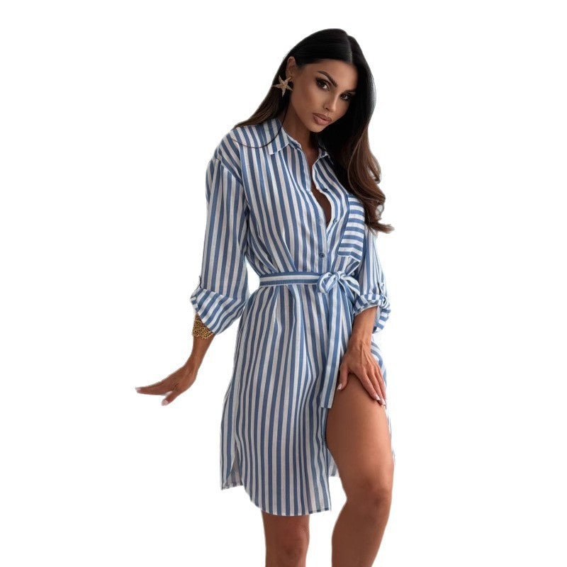 Printed Lapel Shirt Dress with Belted Waist