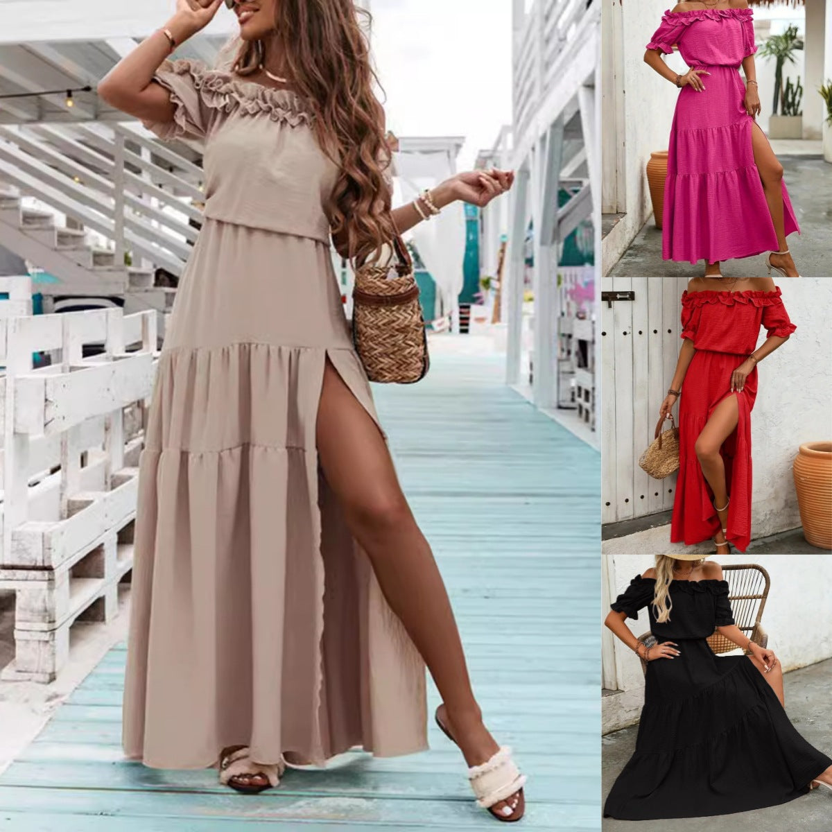 Tiered Maxi Dress with Off-Shoulder Ruffle Neckline and Slit