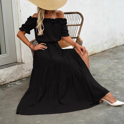 Tiered Maxi Dress with Off-Shoulder Ruffle Neckline and Slit