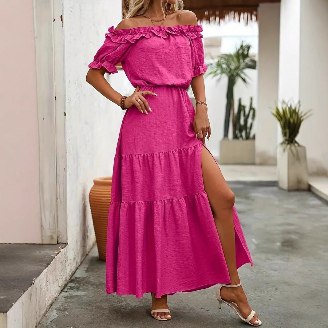 Tiered Maxi Dress with Off-Shoulder Ruffle Neckline and Slit