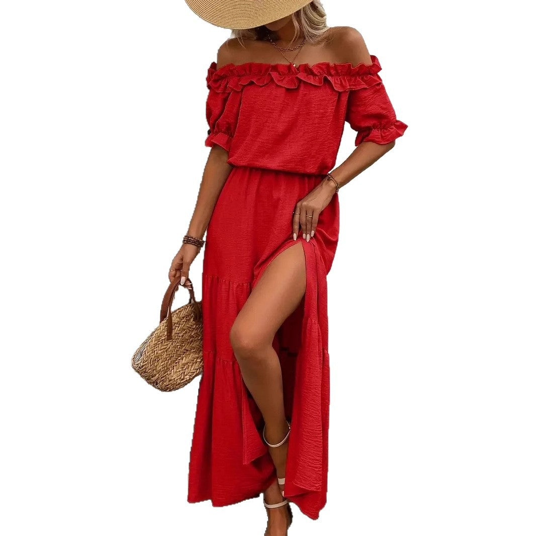 Tiered Maxi Dress with Off-Shoulder Ruffle Neckline and Slit
