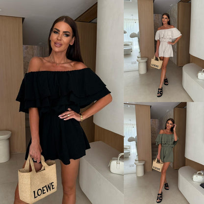 Solid Off-Shoulder Romper with Ruffled Top and Elastic Waist